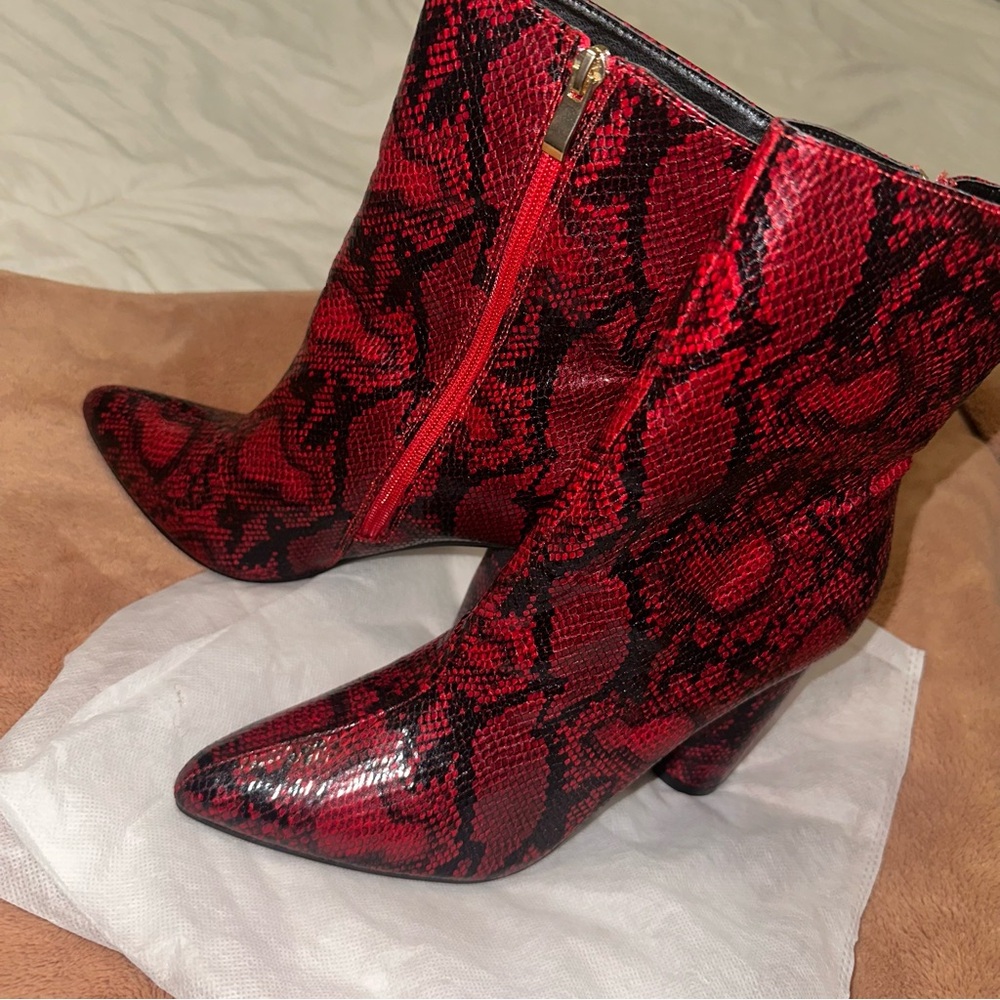 Red Snake Print Ankle Boots